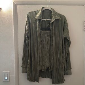 Green Pleated Shirt and Shorts Set